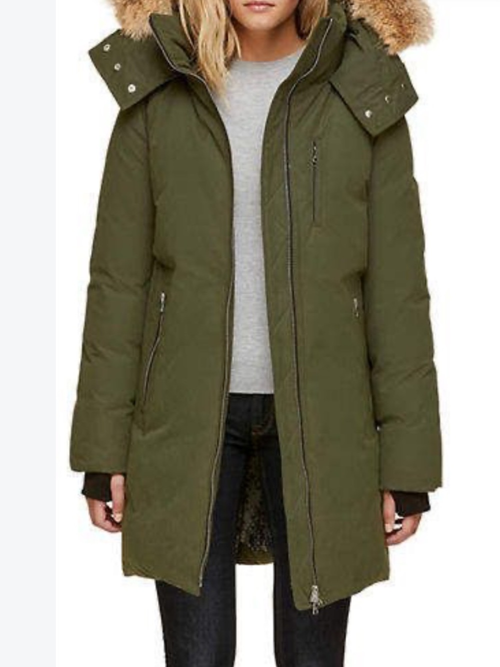 SOIA & KYO ZOELANE Moss Green Down Hooded Parka Coat w/ Coyote Fur Trim S/P